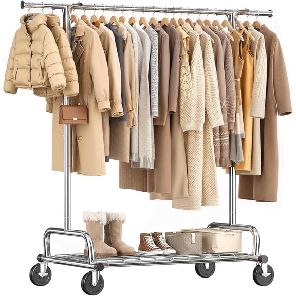 HZAT Heavy Duty Clothes Rack, 75''W Clothing Rack with 4 Hooks & Sturdy Wheels, 450 LBS Capacity, Rolling Garment Rack Holds 150 Clothes, for Bedroom/Laundry/Commercial Use, Silver