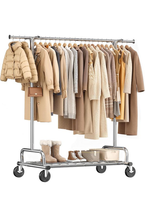 Heavy Duty Clothes Rack, 75''W Clothing Rack with 4 Hooks & Sturdy Wheels, 450 LBS Capacity, Rolling Garment Rack Holds 150 Clothes, for Bedroom/Laundry/Commercial Use, Silver