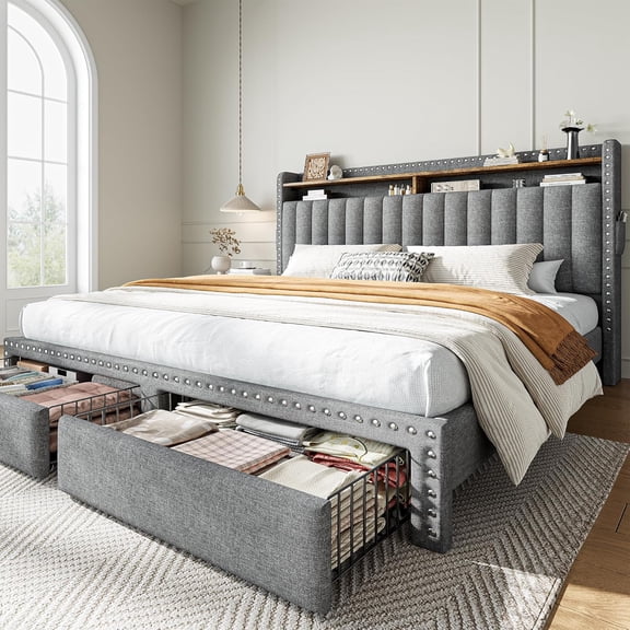HZAT King Bed Frame w/ 2 Metal Storage Drawers & 2-Tier Tufted Headboard, 1000lbs Heavy Duty, No Box Spring, Easy Assembly, Grey