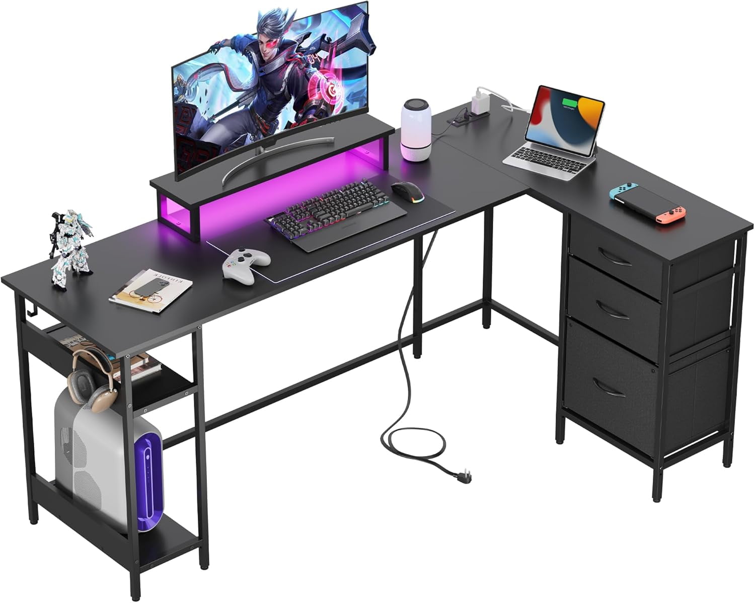 HZAT L Shaped Desk with Drawers, L Shaped Gaming Desk with Power Outlets, LED Lights, Monitor Stand, Computer Table, Large Corner Desk for Home Office (Black, 66 Inch)