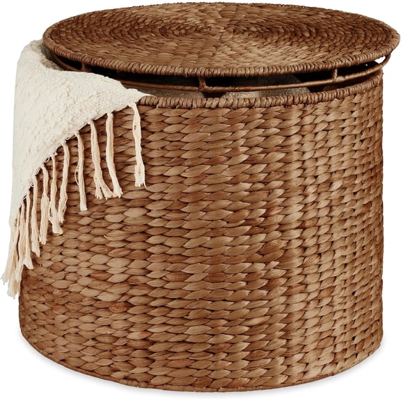 HZAT Large Round Storage Ottoman W/Lid, Handwoven Water Hyacinth Footstool, Accent Stool, Side Table, Storage Container, Plant Stand For Living Room, Office, or Bedroom - Chestnut