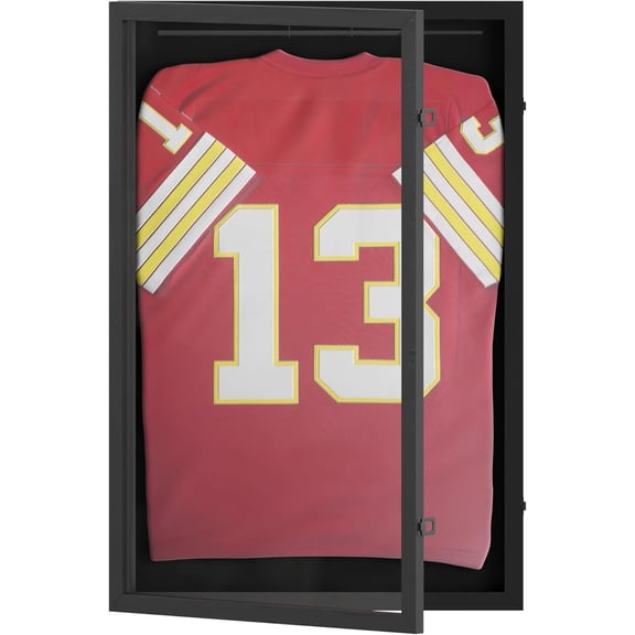 HZAT Matte Black Jersey Frame Display Case - 24x36 Shadow Box, Anti-Theft Lock, Acrylic Window, Solid Wood, Hanger & Hardware