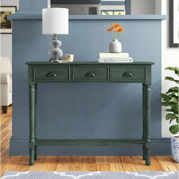 HZAT Modern 3-Drawer Console Table, Solid Wood, Peacock Green - Entryway/Living Room Decor