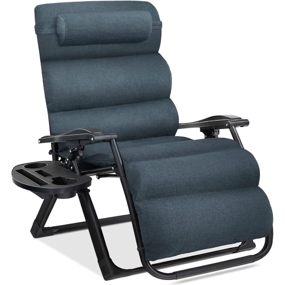 HZAT Oversized Zero Gravity Chair, Folding Outdoor Patio Recliner, XL Anti Gravity Lounger w/Removable Cushion, Cup Holder, Side Tray, 350lb Capacity - Graphite Blue