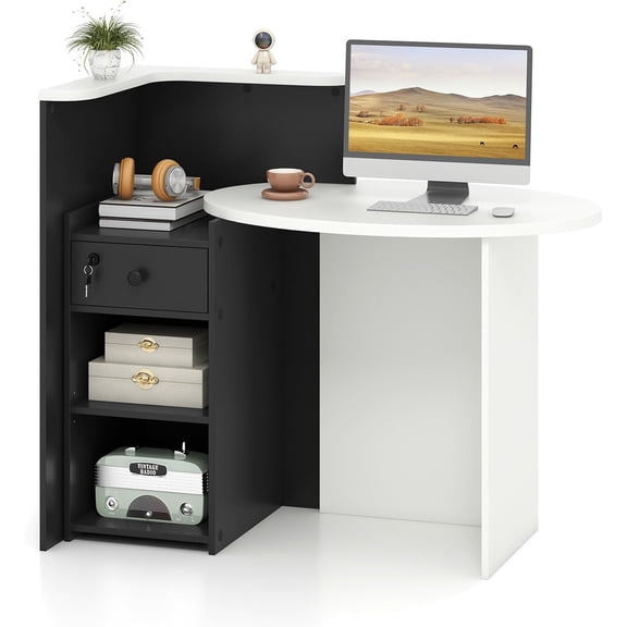 HZAT Reception Desk with Lockable Drawer & Adjustable Shelf, Oval Desktop, Retail Counter for Checkout, Salon Lobby Office, Home Office