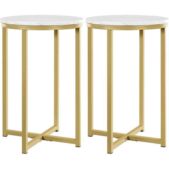 HZAT Round Side Table Set of 2,Sofa End Tables w/X-Based Faux Marble,Metal Frame,Easy Assembly for Living Room,Mustard Gold