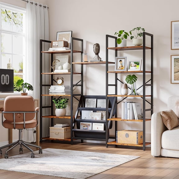 HZAT Triple Column 5 Tier Book Shelf with 11 Open Display Shelves and 3 Fabric Bags, Large Bookcase for Home Office, Bedroom, Rustic Brown