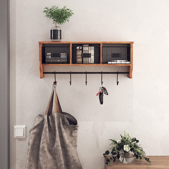 HZAT Wall Mounted Shelf w/Coat Hooks & Baskets, Solid Wood Entryway Organizer - Hang Coats, Keys, Mugs, Rustic Brown 24"