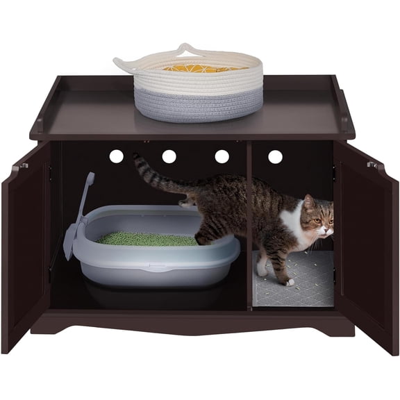 HZAT Wooden Cat Litter Box Enclosure, Hidden Cat Washroom Furniture Decorative Litter Box Kitty Play House, Storage Bench Pet Side Table Indoor House w/Removable Divider