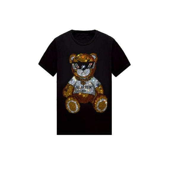 HZCX FASHION Mens Cool Design Shiny Rhinestone Graphic Tshirts Short Sleeve Animal Skull Crewneck Tees Soft Cotton Tops(Glass bear Black,L)
