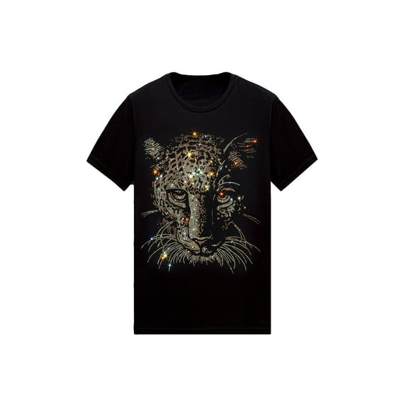 HZCX FASHION Mens Cool Design Shiny Rhinestone Graphic Tshirts Short Sleeve Animal Skull Crewneck Tees Soft Cotton Tops(Leopard Black,M)