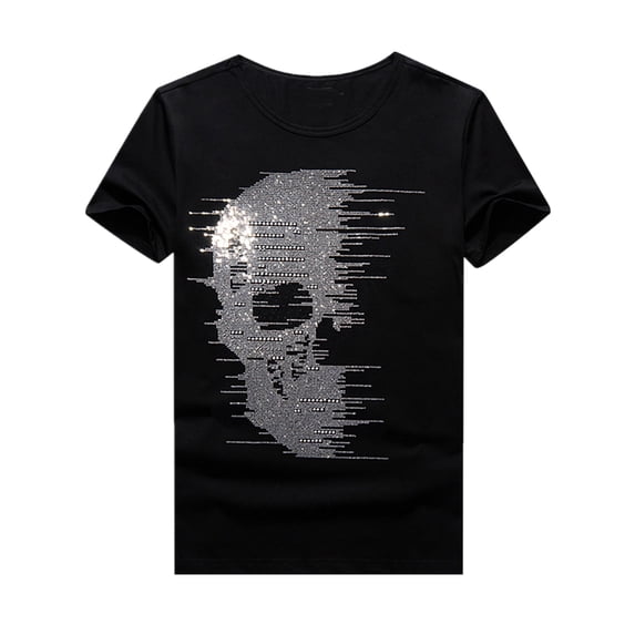 HZCX FASHION Mens Graphic Tees Bling Rhinestones Funny Tee Shirt Crew Neck Short Sleeve Novelty T-shirts Black White True Classical Skull Shirts(930 BLACK,L)