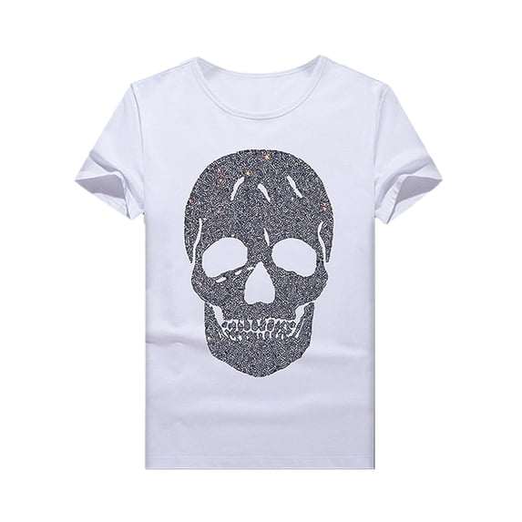 HZCX FASHION Mens Graphic Tees Bling Rhinestones Funny Tee Shirt Crew Neck Short Sleeve Novelty T-shirts Black White True Classical Skull Shirts(934 WHITE,XL)