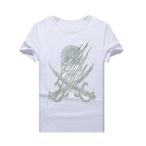 HZCX FASHION Mens Graphic Tees Bling Rhinestones Funny Tee Shirt Crew Neck Short Sleeve Novelty T-shirts Black White True Classical Skull Shirts(965 WHITE,M)