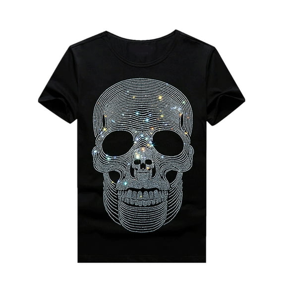 HZCX FASHION Mens Graphic Tees Bling Rhinestones Funny Tee Shirt Crew Neck Short Sleeve Novelty T-shirts Black White True Classical Skull Shirts(969 BLACK,XL)