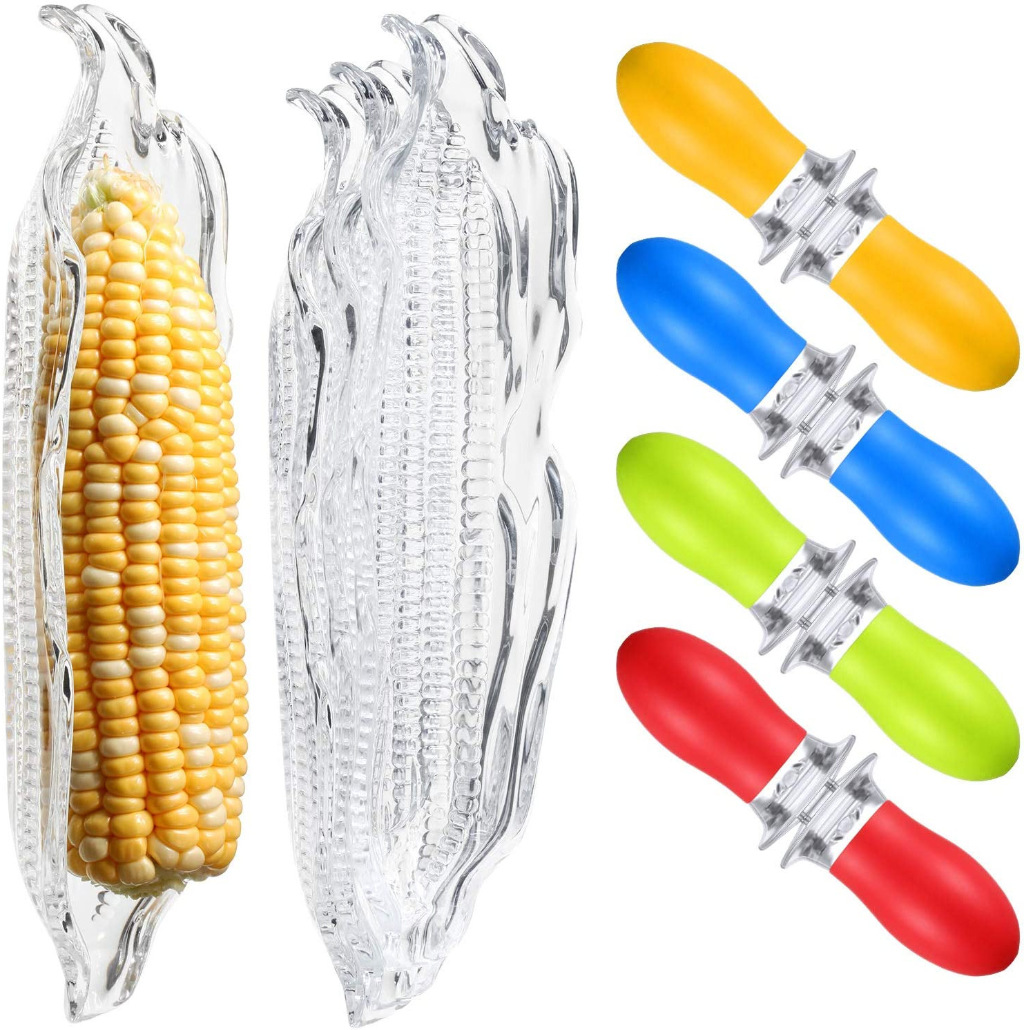 HZCY 4 Pack Corn Trays + 8 Pcs Corn Cob Holders Plastic Corn Dishes Service Tray Transparent Cob