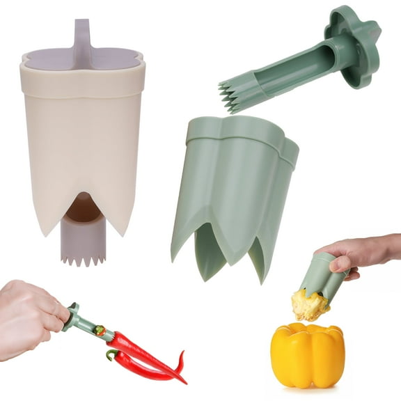 HZCrisp 2 Pack 2-in-1 Pepper Corer Tool Set, Bell Pepper and Chili Deseeder Remover with Twist Cutter for Kitchen and Camping, Green and Beige