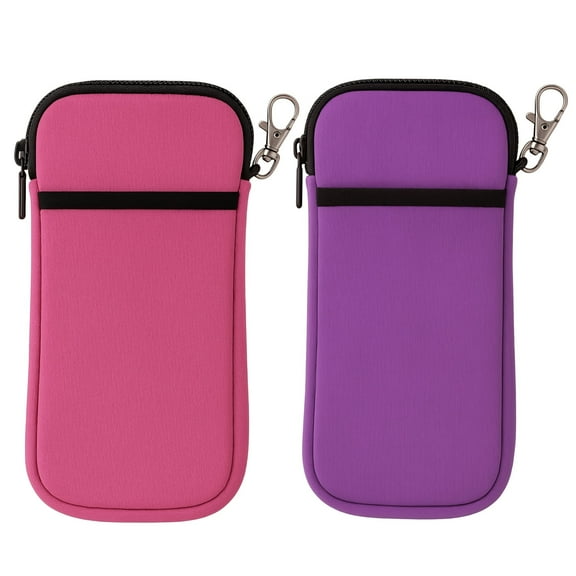 HZCrisp 2 Pack Neoprene Eyeglass Case with Carabiner Hook, Soft Zipper Pouch for Glasses, Sunglasses, and Small Electronics - Lightweight & Travel-Friendly, Pink & Purple