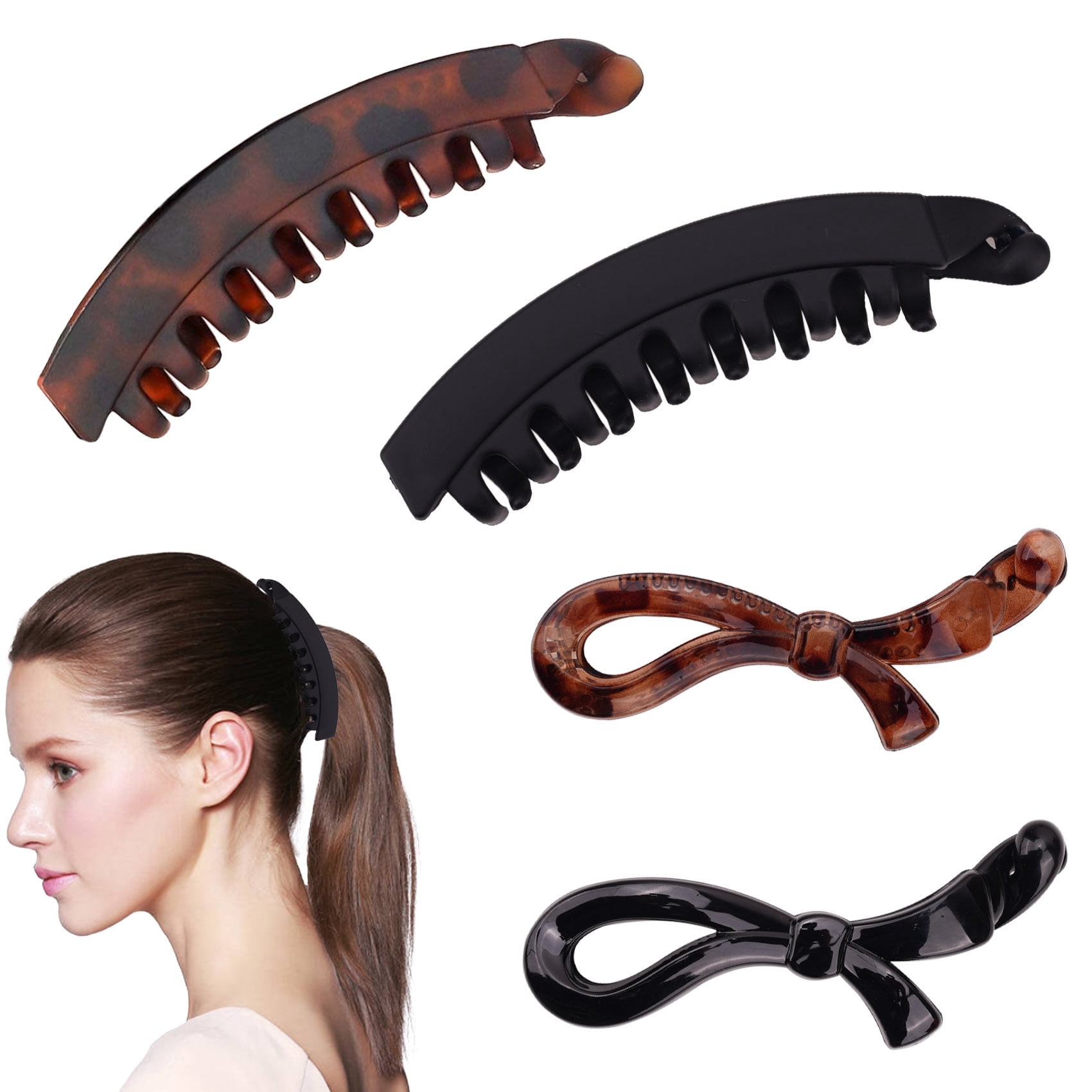 HZCrisp 4 Pack Banana Clip Set, 2 Classic and 2 Bow Hair Clips for