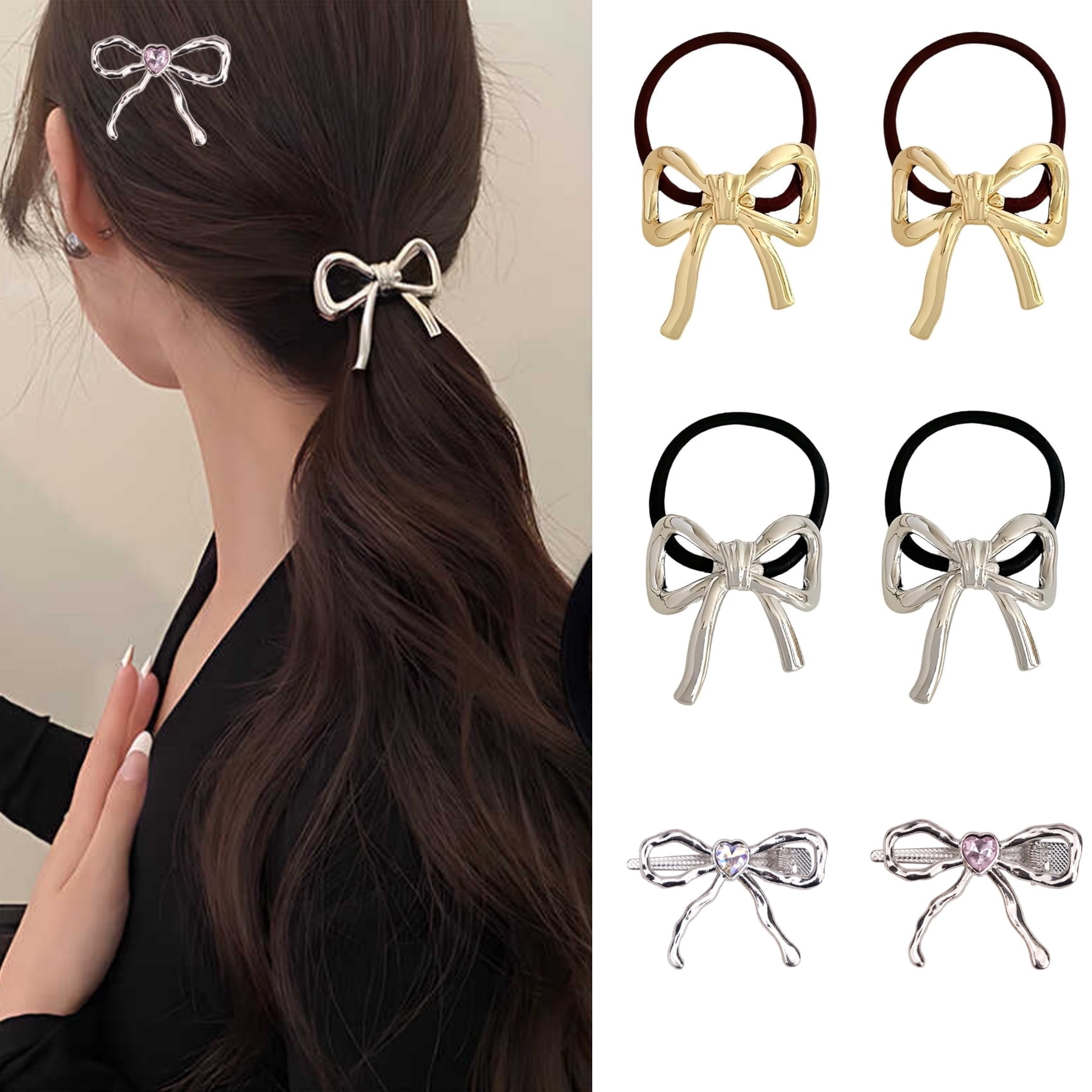 Black and Silver ponytail tie in Hair Accessory with Bows Ponytail Hair Cuff Silver Metal Hair Tie Accessories – SOFIA  main image 3