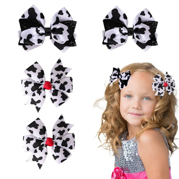 HZCrisp Cow Print Hair Bows Clips for Baby Girls and Women, Set of 4 Large Western Cowgirl Style Bow Hair Accessories with Durable Alligator Clips for Party, Costume, and Everyday Wear