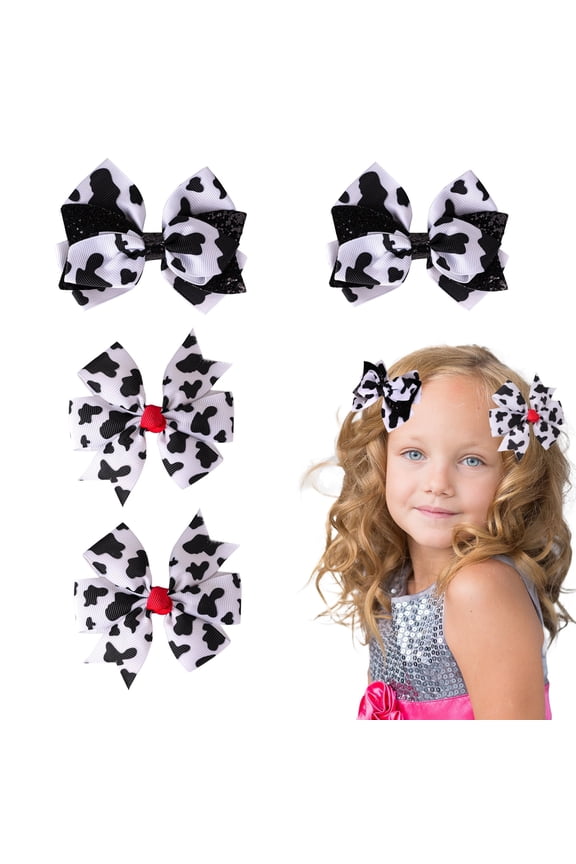 Cow Print Hair Bows Clips for Baby Girls and Women, Set of 4 Large Western Cowgirl Style Bow Hair Accessories with Durable Alligator Clips for Party, Costume, and Everyday Wear