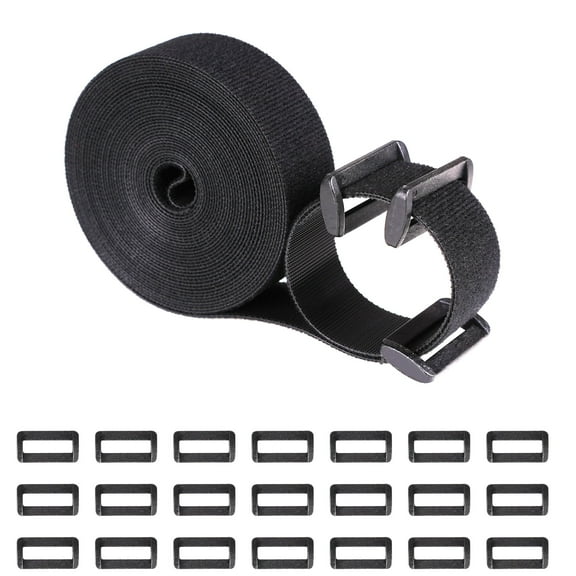 HZCrisp Double Sided Hook and Loop Tape, 1 Inch Wide Self-Gripping Nylon Straps, 16.4FT Roll Cut to Any Length, Includes 25 Plastic Buckles for Cable Management, Bundling and Organizing