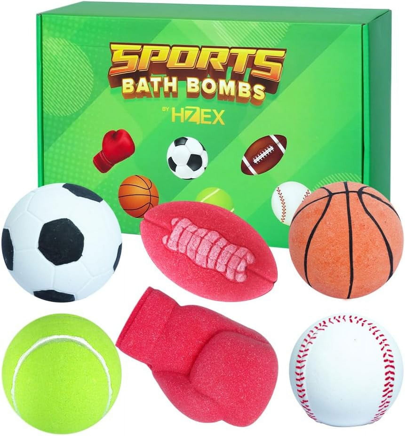HZEX Large Organic Bath Bombs with 6 Different Sports Themes, 6 Various Bathbomb Scents for Men Boys Women Kids, Natural Paraben Free Bath bomb with Essential Oils