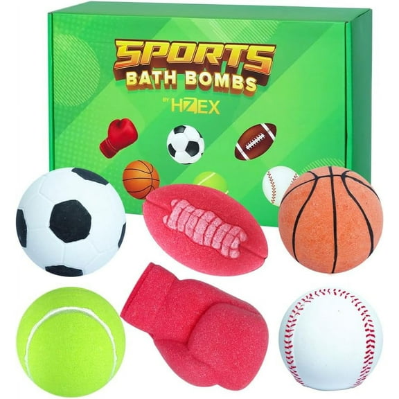 HZEX Large Organic Bath Bombs with 6 Different Sports Themes, 6 Various Bathbomb Scents for Men Boys Women Kids, Natural Paraben Free Bath bomb with Essential Oils