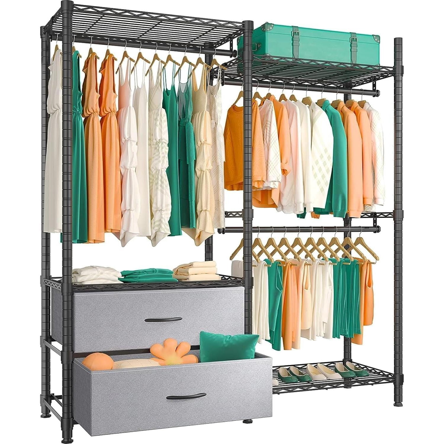 HZJP Clothing Rack for Hanging Clothes Heavy Duty Clothes Rack With 2 ...