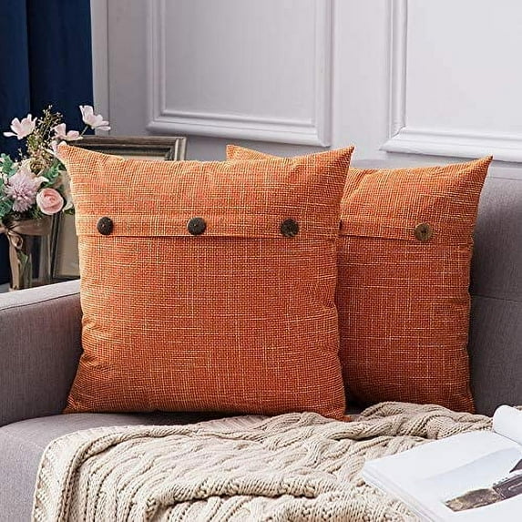 HZKAICUN Set of 2 Decorative Linen Throw Pillow Covers Cushion Case Triple Button Vintage Farmhouse Pillowcase for Couch Sofa Bed 18 x 18 Inch 45 x 45 cm Beige