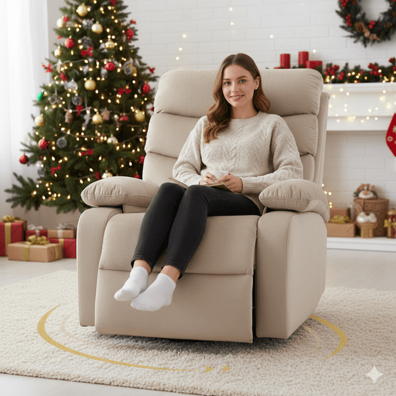 Small Swivel Recliner Chair, Beige Velvet Rocking Chair for Adults, Adjustable Backrest & Footrest, Ideal for Nursery, Living Room & RV