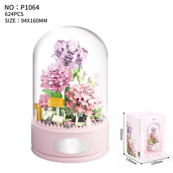 HZLKADAQ Building Block Flower Bouquet Music Box, DIY Eternal Floral Bricks Kit with Dust-Proof Display Dome, STEM Assembly Toy, Romantic Home Decor & Perfect Gift for Valentine’s Day/Birthday