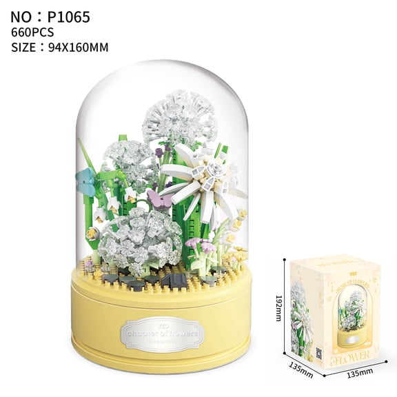 HZLKADAQ Building Block Flower Bouquet Music Box, DIY Eternal Floral Bricks Kit with Dust-Proof Display Dome, STEM Assembly Toy, Romantic Home Decor & Perfect Gift for Valentine’s Day/Birthday