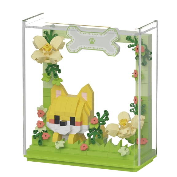 HZLKADAQ Cute Puppy Garden Frame Mini Micro Building Blocks with Acrylic Dustproof Display Case, DIY Floral Brick Desk Decor Gift for Teens and Adults