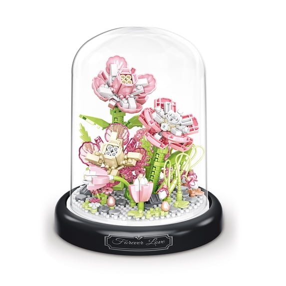 HZLKADAQ Eternal Flower Building Blocks with Display Dome - DIY Artificial Flower Bouquet Set, Forever Blooming Floral Model, Ideal Gift for Valentine's Day,Mother's Day,Birthday
