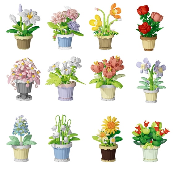 HZLKADAQ Mini Building Block Flower Set with Glass Dome, 12PCS Artificial Forever Flower Bouquet, DIY Botanical Construction Toy for Adults