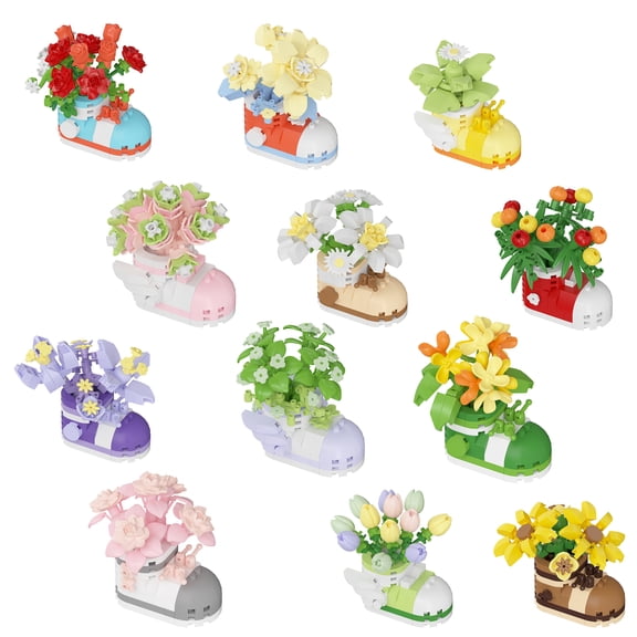 HZLKADAQ Mini Building Blocks Shoe Flower Pot Set 12PC Micro Brick Sneaker Shape Artificial Flower Bouquet Model, DIY Floral Potted Desk Decor Ornament, Valentine Birthday Gift for Girls Women Adults