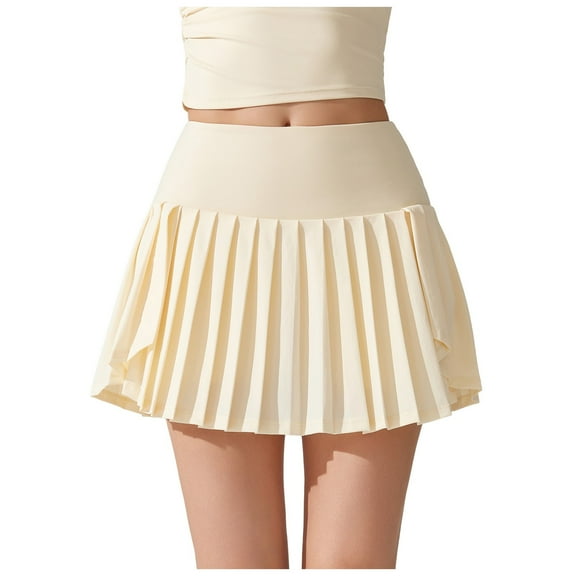 HZLPFO Mini Skirt Women Girl High Waisted Pleated Tennis Skirt School A-Line Skater Skirts with Lining Shorts Beige,S