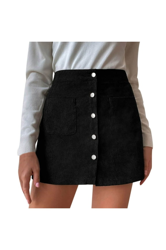 Women High Waist Soft Suede Button Down Skirt Slim Back Zip Side Pocket Mini Skirts for Women Black,S