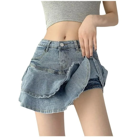 HZLPFO Women's Y2K Low Waist Pleated Denim Skirt Zipper Raw Hem Mini Skirts for Women Casual Ruffle Jean Skirt Blue,XL