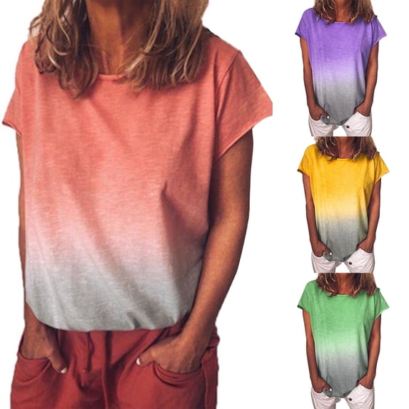 HZLXW Plus Size Fashion Lady O-neck Short Sleeve Gradient Color Casual Blouse T-shirt
