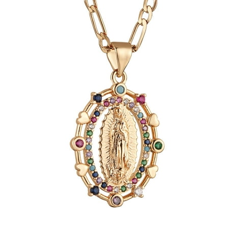 HZMAN 14K Gold Plated Oval Cutout Heart Virgin Mary Prayer Necklace Amulet Our Lady of Guadalupe Pendant Multicolor Cubic Zirconia Women Daughter Gift