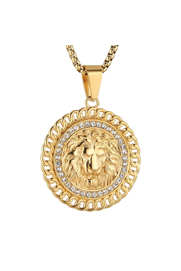 18K Gold Plated Lion Head Medallion Necklace Pendant for Men Stainless Steel Hip Hop Rock Lion King Necklaces Charm Animal Amulet Jewelry