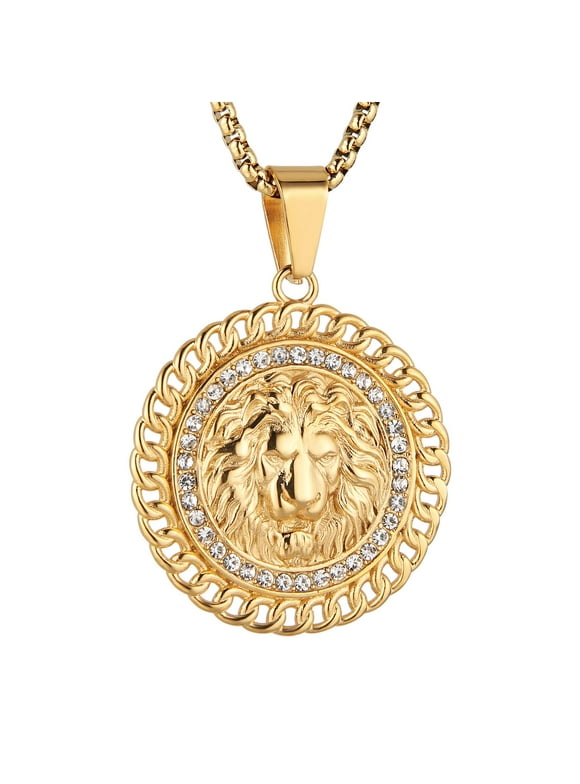 18K Gold Plated Lion Head Medallion Necklace Pendant for Men Stainless Steel Hip Hop Rock Lion King Necklaces Charm Animal Amulet Jewelry