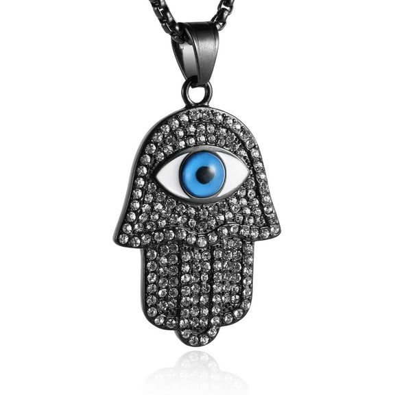 HZMAN 18k Gold Plated Iced Out CZ Stainless Steel Blue Evil Eye Beads Fatima Hamsa Hand Pendant Necklace (Black)