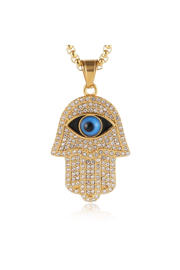 18k Gold Plated Iced Out CZ Stainless Steel Blue Evil Eye Beads Fatima Hamsa Hand Pendant Necklace (Gold)