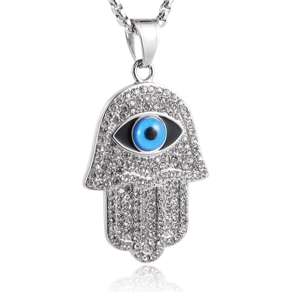 HZMAN 18k Gold Plated Iced Out CZ Stainless Steel Blue Evil Eye Beads Fatima Hamsa Hand Pendant Necklace (Silver)