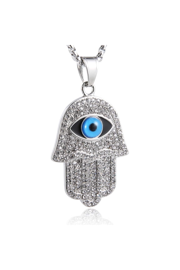 18k Gold Plated Iced Out CZ Stainless Steel Blue Evil Eye Beads Fatima Hamsa Hand Pendant Necklace (Silver)