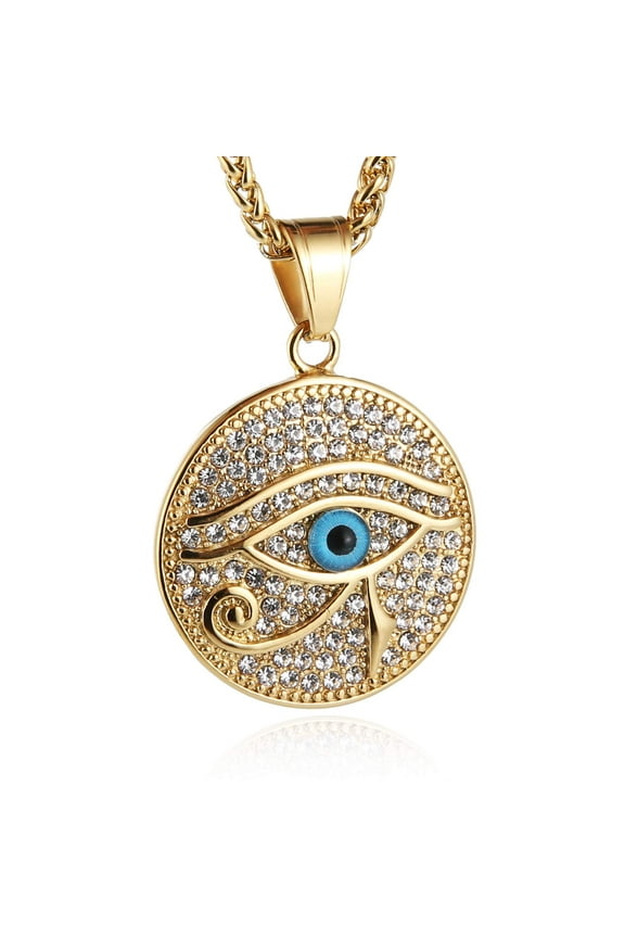 18k Gold Plated Iced Out Eye of Horus Egypt Protection Dog Tag Pendant Stainless Steel Necklace (Eye of Ra)